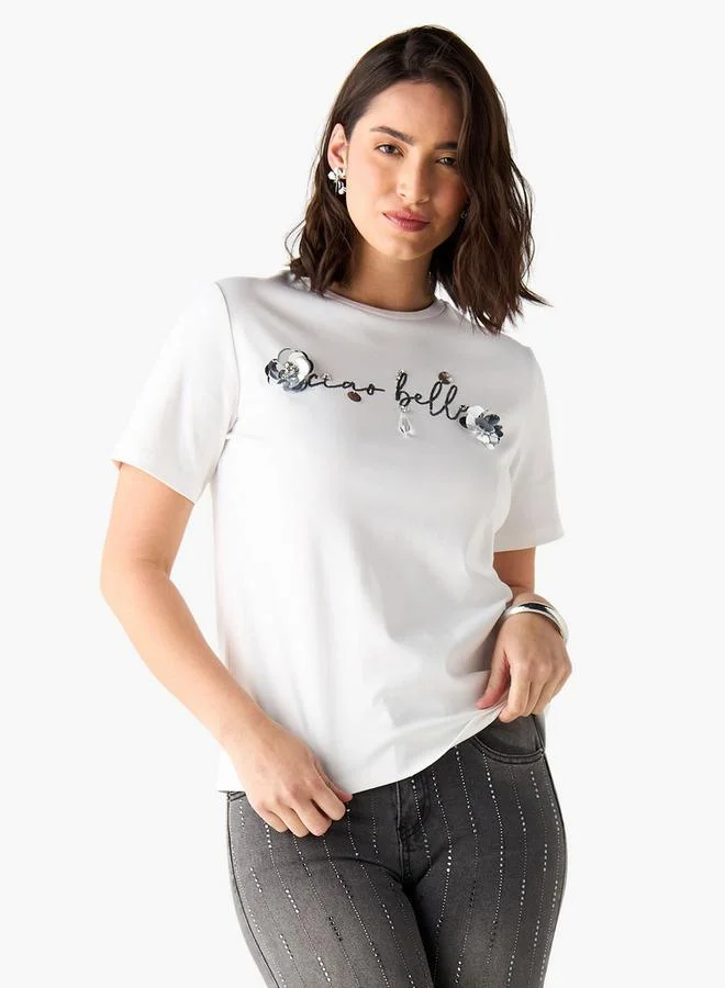 2Xtremz 2Xtremz Embellished Crew Neck T-shirt with Short Sleeves