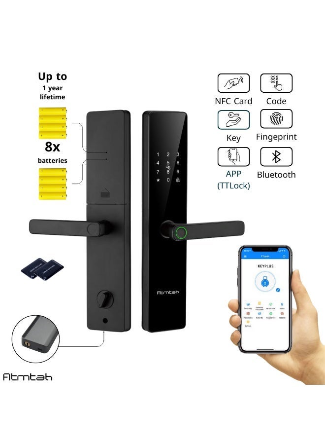 Atmtah Smart Lock, Fingerprint Smart Door Lock, (8 Batteries), Arabic Language Support,  Saudi Standard Mortise, TTLock App Control, 5 Ways to Unlock: App, Fingerprint, NFC Card, Passcode, Key (X12 Plus) - Image 1