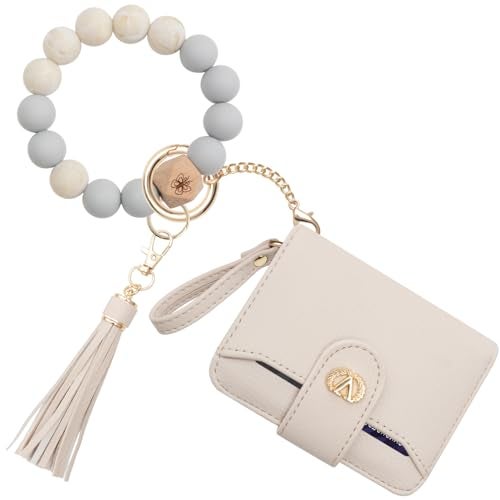 SNUG STAR Multi-Purpose Wallet RFID High Capacity Card Holder Zipper Coin Purse with Wristlet Bracelet Keychain Silicone Beaded Bangle (RFID Silicone Bracelet(16 Cards)-Sand) - Image 1