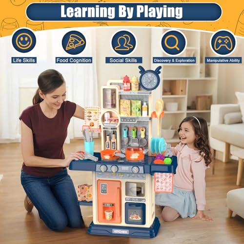 TWFRIC Play Kitchen for Toddlers Kids Kitchen Playset Toddler Girl Toys with Cooking Stove Steam Sink and Food Pretend Cooking Set Toy for 3 4 5 Year Old Kid Birthday Blue - Image 5