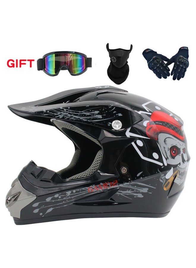Bright Black Skull Full Face Motorcycle Helmet with Goggles, Mask & Gloves – Unisex Cross-country Small Helmet