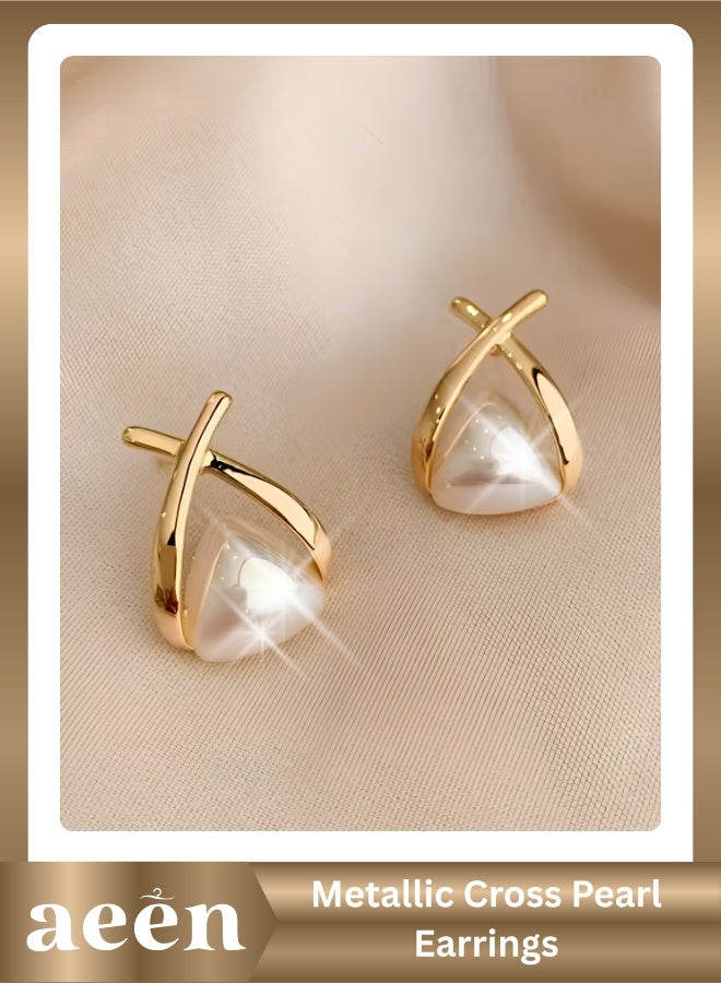 aeen Women's Metallic Cross Pearl Earrings – Elegant Light Luxury Design, Fashionable Statement Jewelry for Daily & Party Wear - Image 1