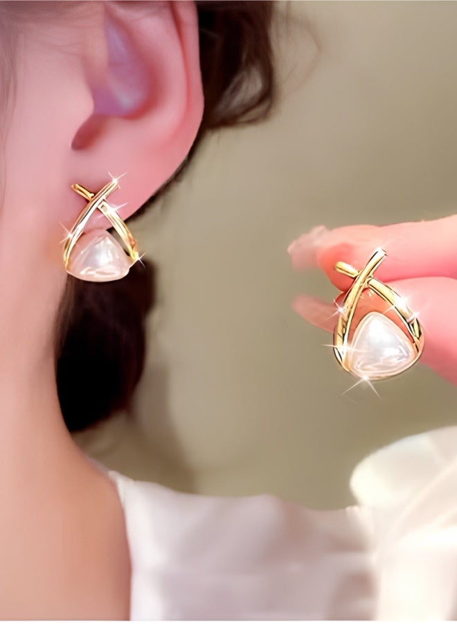 aeen Women's Metallic Cross Pearl Earrings – Elegant Light Luxury Design, Fashionable Statement Jewelry for Daily & Party Wear - Image 2