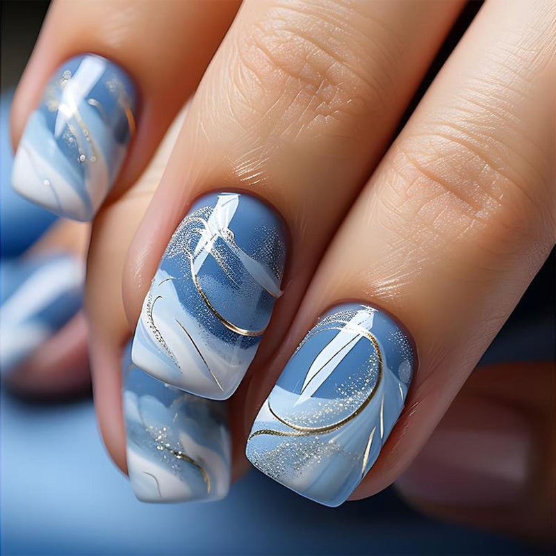 Vopintpy Blue White Gradient Press on Nails Short Square Fake Nails with Design Glossy Full Cover Glue on Nails Reusable Stick on Nails for Women DIY Charm Manicure - Image 1