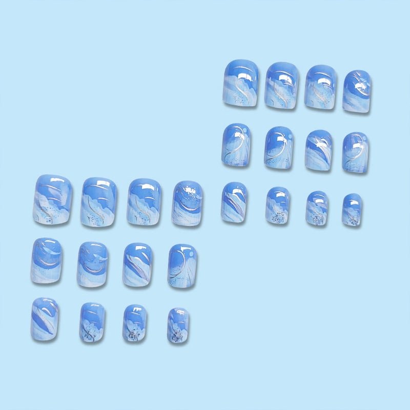 Vopintpy Blue White Gradient Press on Nails Short Square Fake Nails with Design Glossy Full Cover Glue on Nails Reusable Stick on Nails for Women DIY Charm Manicure - Image 4