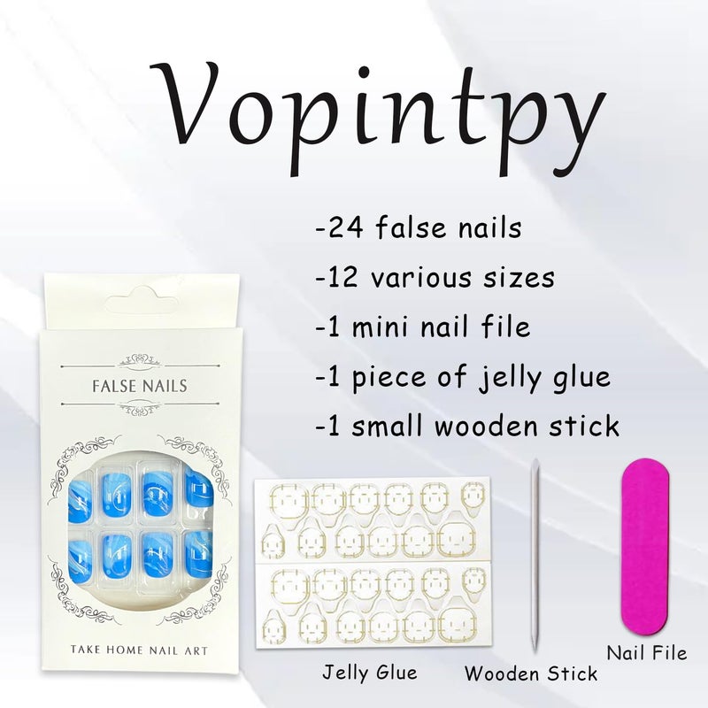 Vopintpy Blue White Gradient Press on Nails Short Square Fake Nails with Design Glossy Full Cover Glue on Nails Reusable Stick on Nails for Women DIY Charm Manicure - Image 5