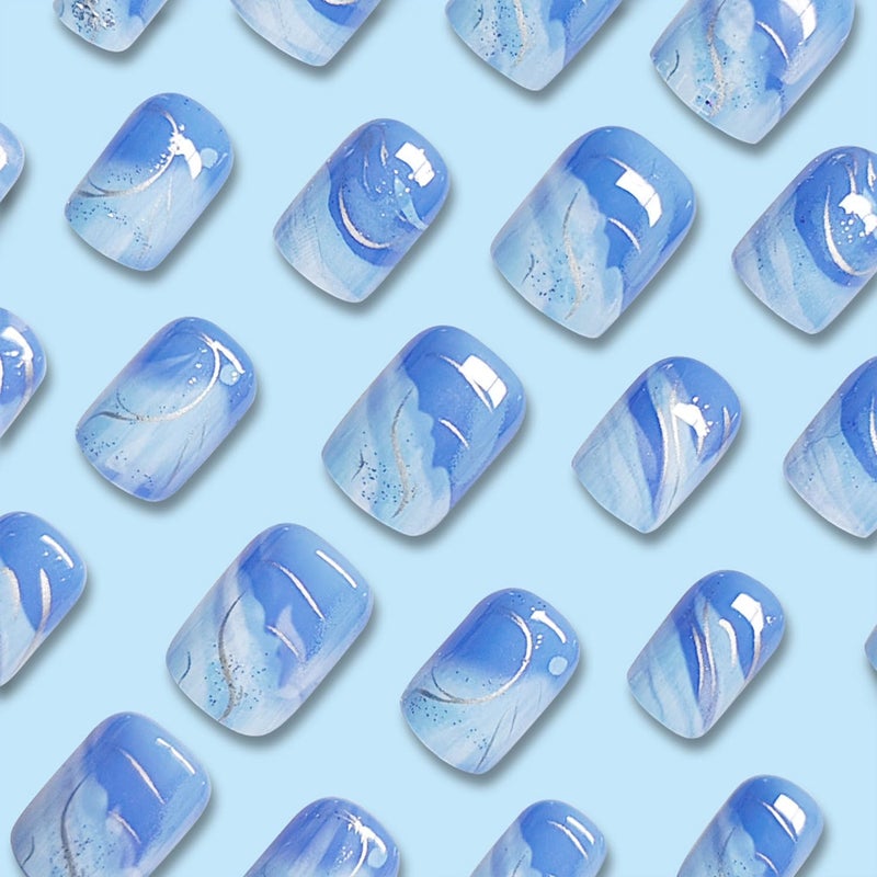 Vopintpy Blue White Gradient Press on Nails Short Square Fake Nails with Design Glossy Full Cover Glue on Nails Reusable Stick on Nails for Women DIY Charm Manicure - Image 3