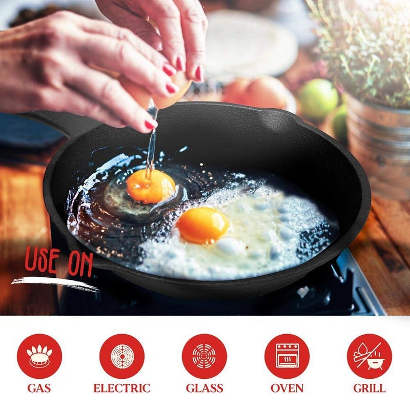 NutriChef Pre-Seasoned Cast Iron Skillet Pans - 3 Pieces Kitchen Frying Pan Nonstick Cookware Set w/Drip Spout - Includes Scraper - Electric Stovetop, Induction, Gas Range, Ceramic - NutriChef NCCI76 - Image 4