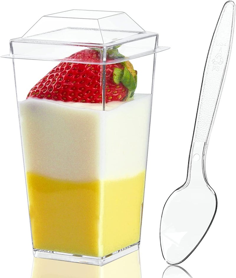 50 Pack 3 oz Mini Square Dessert Cups with Lids and Spoons Clear PP Parfait Cup Mini Pudding Cups Appetizer Shooter Glasses for Mousse Trifle Fruit Pudding