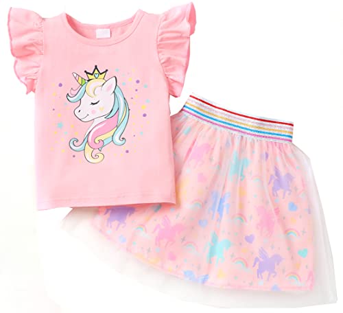 RETSUGO Toddler Girls 2pc Skirt Set Summer Birthday Outfit Kids Ruffle Unicorn Shirt Rainbow Tulle Skirts Tutu Dress Pink 3-4 Years,4t - Image 1