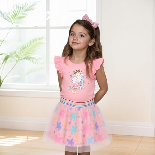 RETSUGO Toddler Girls 2pc Skirt Set Summer Birthday Outfit Kids Ruffle Unicorn Shirt Rainbow Tulle Skirts Tutu Dress Pink 3-4 Years,4t - Image 2