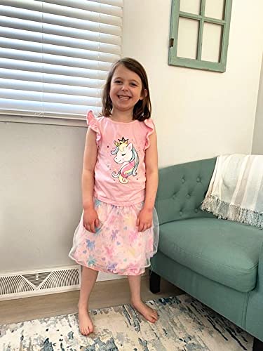 RETSUGO Toddler Girls 2pc Skirt Set Summer Birthday Outfit Kids Ruffle Unicorn Shirt Rainbow Tulle Skirts Tutu Dress Pink 3-4 Years,4t - Image 3