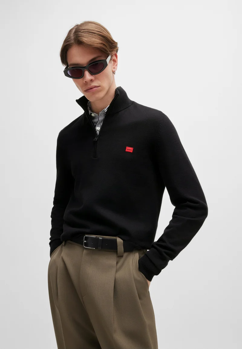 HUGO Zip-neck sweater in cotton with red logo label