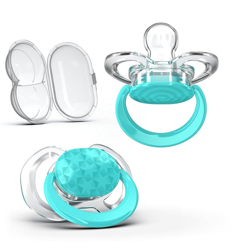 Smilo Baby Pacifier  2 Pack of Slimline Pacifiers for Babies with Sterilization Box  Stage 1 for Babies 03 Months  100 Silicone Newborn Pacifiers BPA Free  Aqua Blue - Image 1