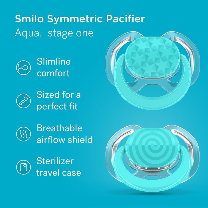 Smilo Baby Pacifier  2 Pack of Slimline Pacifiers for Babies with Sterilization Box  Stage 1 for Babies 03 Months  100 Silicone Newborn Pacifiers BPA Free  Aqua Blue - Image 2
