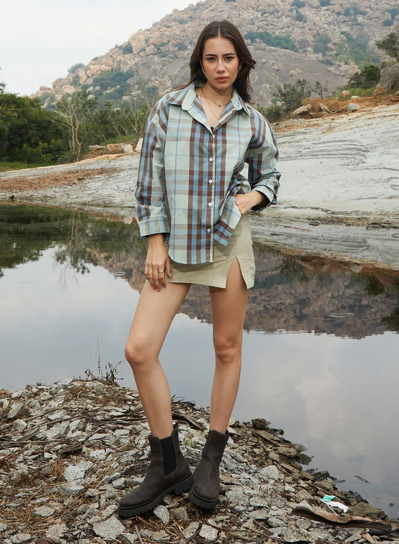 كامبوس سوترا Women's Sage Green Tartan Plaid Oversized Shirt