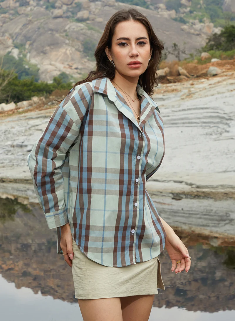 كامبوس سوترا Women's Sage Green Tartan Plaid Oversized Shirt