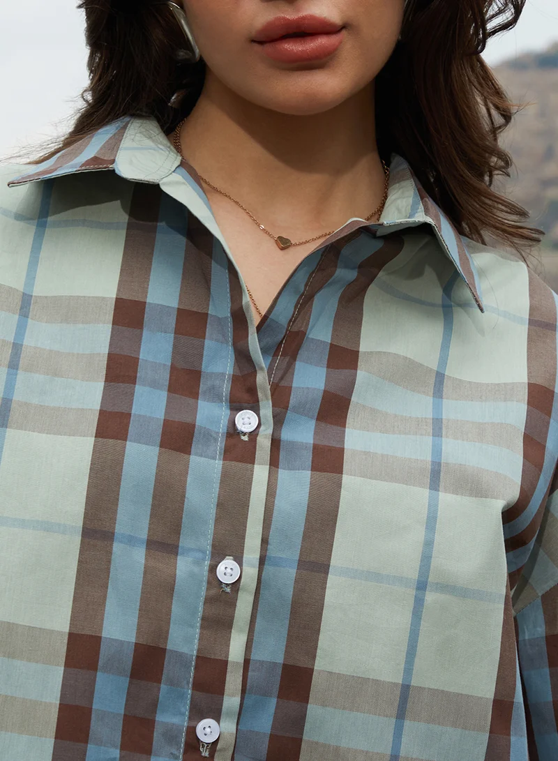 كامبوس سوترا Women's Sage Green Tartan Plaid Oversized Shirt