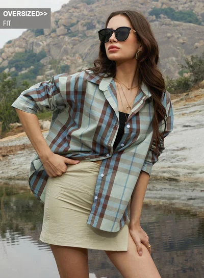Campus Sutra Campus Sutra Women's Sage Green Tartan Plaid Oversized Shirt For Casual Wear | Spread Collar | Long Sleeve | Button Closure | Oversized Shirt Crafted With Comfort Fit For Everyday Wear
