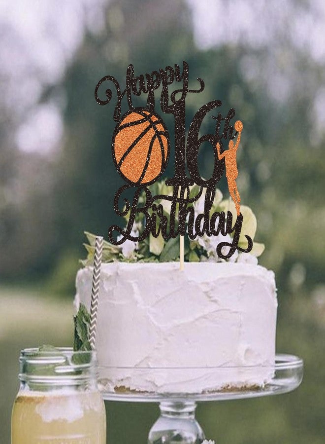 Rsstarxi 1 Pack Happy 16th Birthday Cake Topper Black Glitter Basketball Sports Cake Pick Cheers to 16 Years Cake Decorations for Basketball Theme Birthday Party Supplies - Image 3