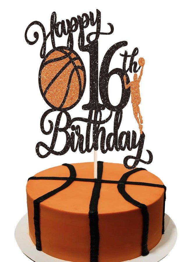 Rsstarxi 1 Pack Happy 16th Birthday Cake Topper Black Glitter Basketball Sports Cake Pick Cheers to 16 Years Cake Decorations for Basketball Theme Birthday Party Supplies - Image 1