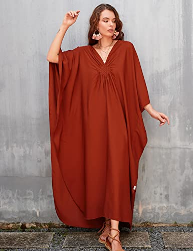 Bsubseach Women Casual Kaftan Dress Batwing Sleeve Plus Size Swimsuit Cover Up Maxi Caftan Dresses Burnt Orange - Image 2