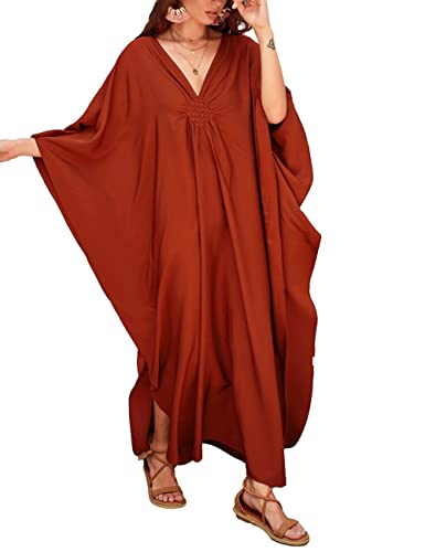 Bsubseach Women Casual Kaftan Dress Batwing Sleeve Plus Size Swimsuit Cover Up Maxi Caftan Dresses Burnt Orange - Image 1