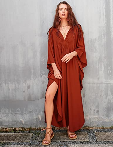 Bsubseach Women Casual Kaftan Dress Batwing Sleeve Plus Size Swimsuit Cover Up Maxi Caftan Dresses Burnt Orange - Image 4