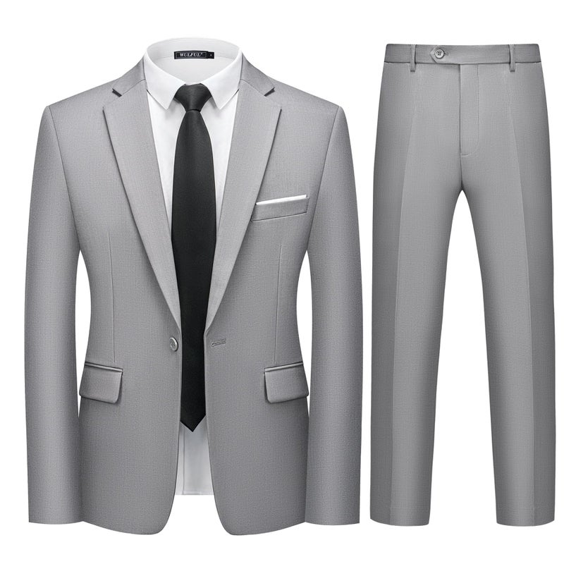 WULFUL Men's 2 Piece Slim Fit Suit Set One Button Blazer Jacket Pants Tuxedo Set for Party, Wedding and Business Light Gray - Image 1