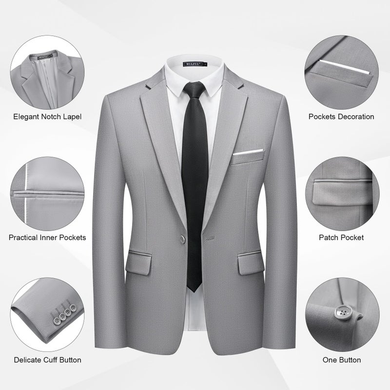 WULFUL Men's 2 Piece Slim Fit Suit Set One Button Blazer Jacket Pants Tuxedo Set for Party, Wedding and Business Light Gray - Image 4