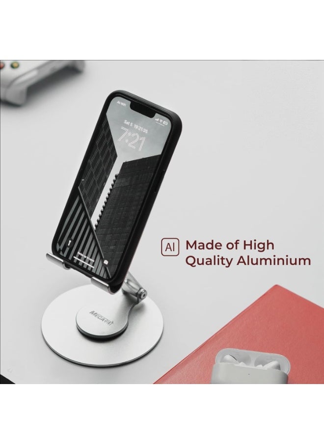 MegaStro® Adjustable Aluminum Tablet Stand – 360° Rotatable, Foldable Holder for iPad, Samsung & 4.7”–13” Tablets – Heavy Duty, Anti-Slip Base, Desktop Stand for Home & Office Use (Silver)