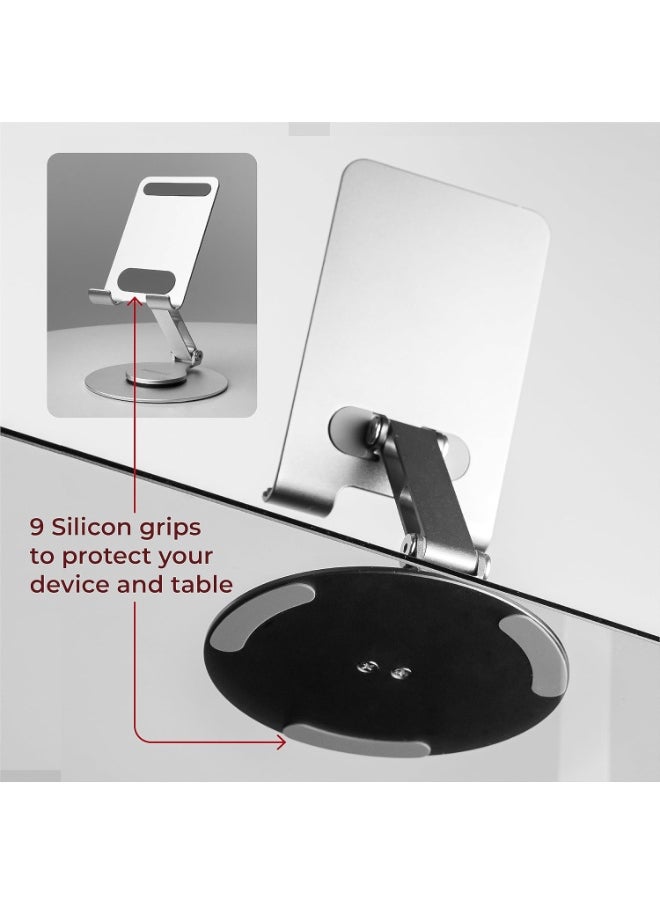 MegaStro® Adjustable Aluminum Tablet Stand – 360° Rotatable, Foldable Holder for iPad, Samsung & 4.7”–13” Tablets – Heavy Duty, Anti-Slip Base, Desktop Stand for Home & Office Use (Silver)