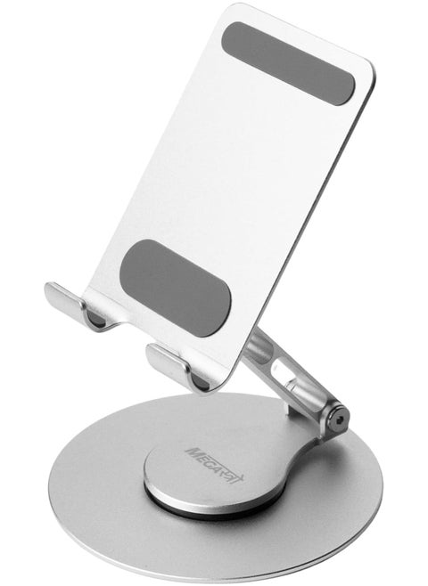 MegaStro® Adjustable Aluminum Tablet Stand – 360° Rotatable, Foldable Holder for iPad, Samsung & 4.7”–13” Tablets – Heavy Duty, Anti-Slip Base, Desktop Stand for Home & Office Use (Silver)