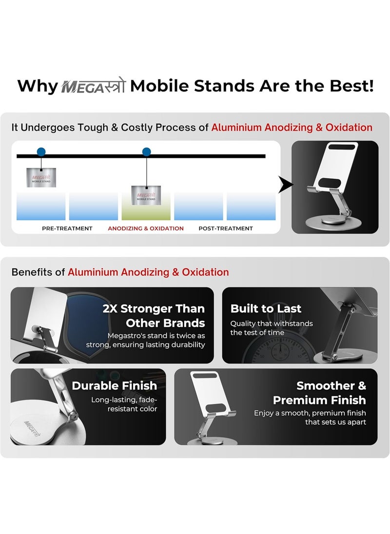 MegaStro® Adjustable Aluminum Tablet Stand – 360° Rotatable, Foldable Holder for iPad, Samsung & 4.7”–13” Tablets – Heavy Duty, Anti-Slip Base, Desktop Stand for Home & Office Use (Silver)