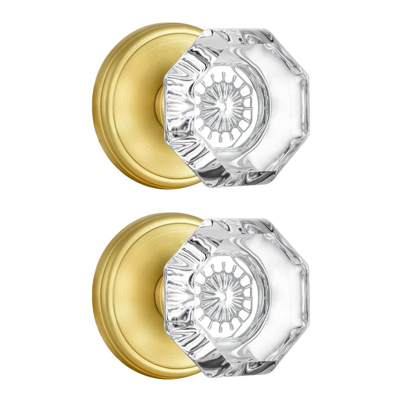 CLCTK 2 Pack Gold Dummy Door Knobs Interior Non Turning Crystal Glass Dummy Door Knobs for Hall Closet Bifold Satin Brass Finish