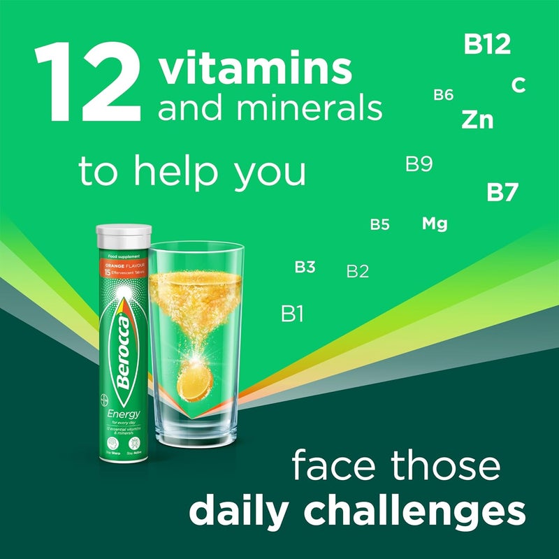 Berocca Energy Effervescent Tablets including B vitamins Magnesium Zinc Vitamin C Support energy release immune system 60 Tablets Orange Flavour - Image 2