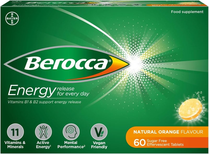 Berocca Energy Effervescent Tablets including B vitamins Magnesium Zinc Vitamin C Support energy release immune system 60 Tablets Orange Flavour - Image 1