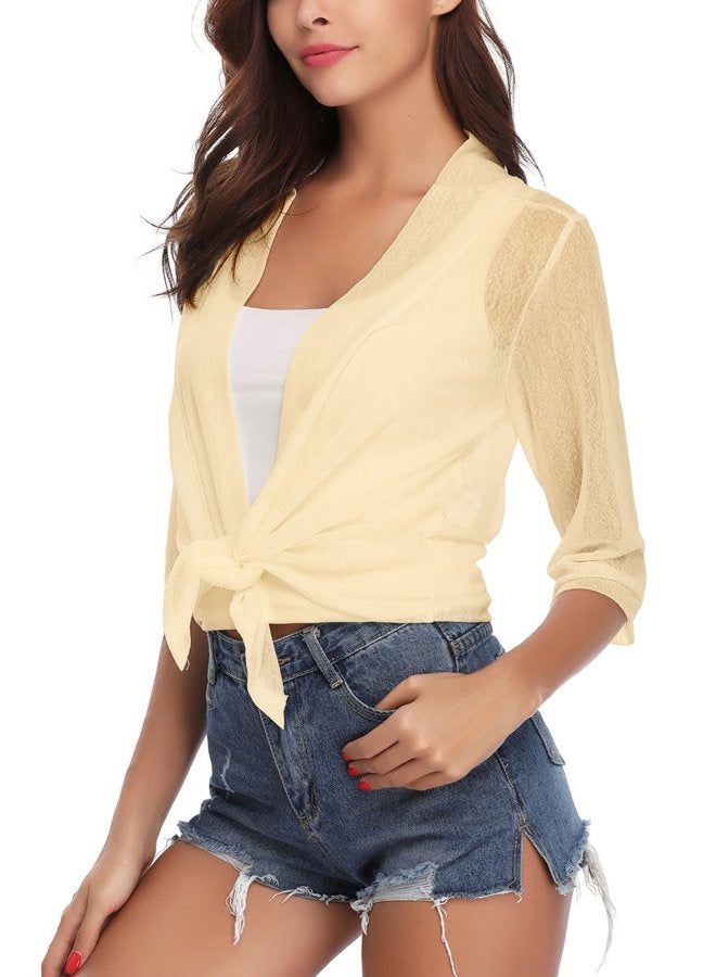 iClosam Womens Sheer Shrug Tie Front 3/4 Sleeve Cropped Bolero Cardigan, Beige, S - Image 5
