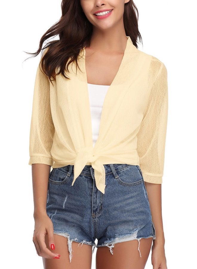 iClosam Womens Sheer Shrug Tie Front 3/4 Sleeve Cropped Bolero Cardigan, Beige, S - Image 1