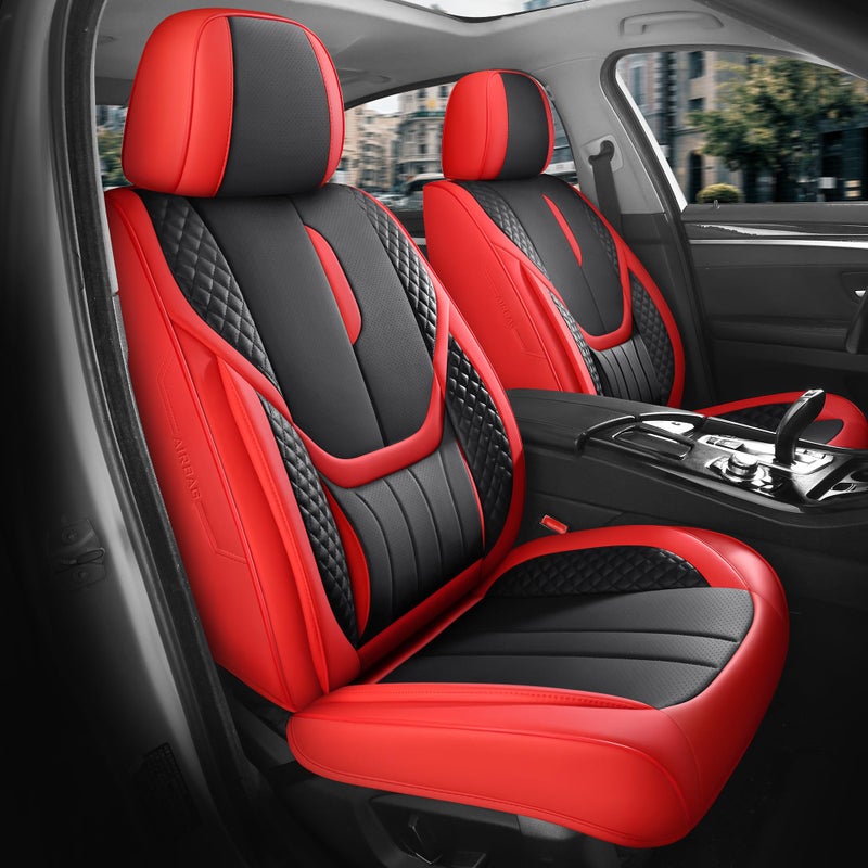 FEINEPRO Car Seat Covers Full Set - Universal Seat Covers for Cars SUV Truck â€“ Faux Leather Automotive Seat Covers, Breathable & Waterproof Front and Rear Seat Protectors, Fit for Most Cars-Redblack - Image 1