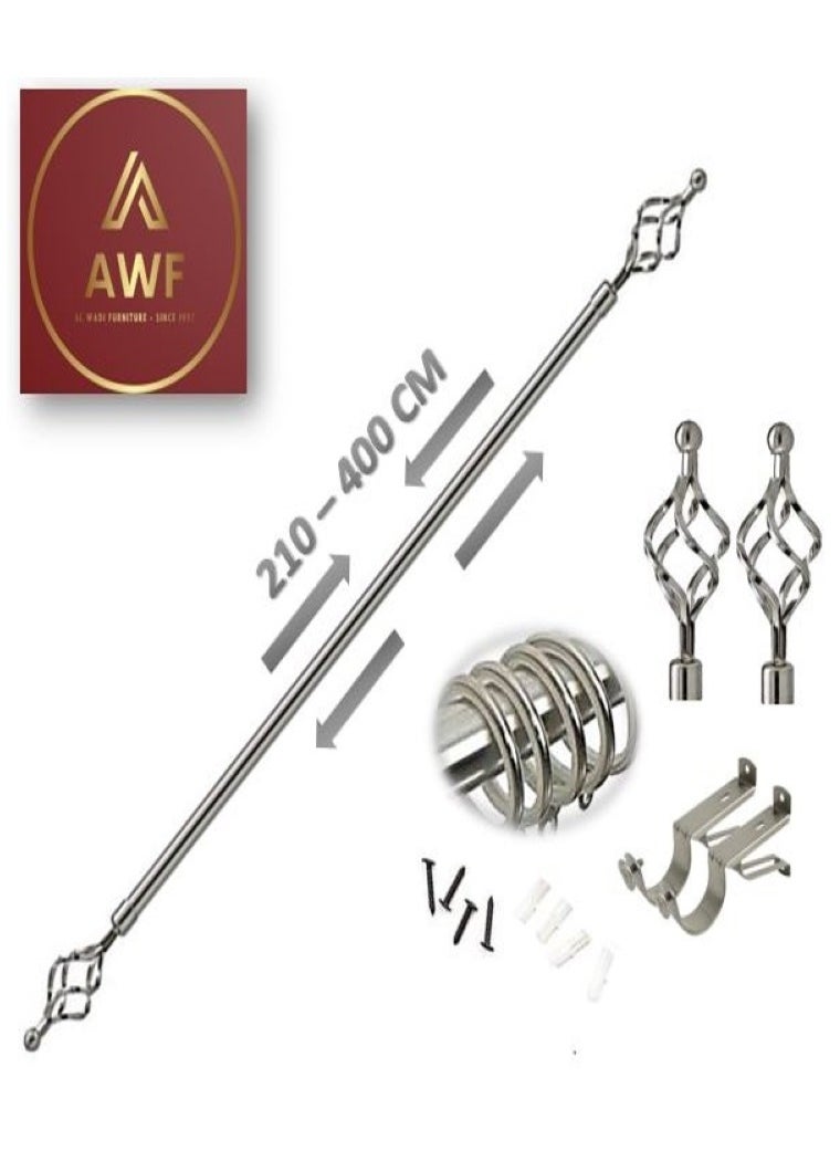 AL WADI FURNITURE Roman Pole Style Heavy Duty Luxury Extendable Curtain Rod, Metal Single Rod Finials Decorative End Window Treatment Rod Drapery Rod (SILVER, 200 – 400 cm)  - Image 1