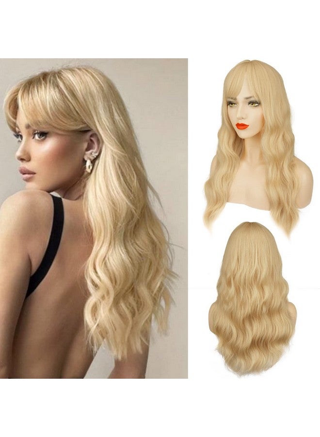 BARSDAR Arsdar Long Blonde Wig With Bangs 26'' Long Wavy Wig With Bangs For Women Body Wavy Synthetic Hair Wigs Natural Looking Heat Resistant Daily Cosplay Party Halloweenplatinum Blonde - Image 1