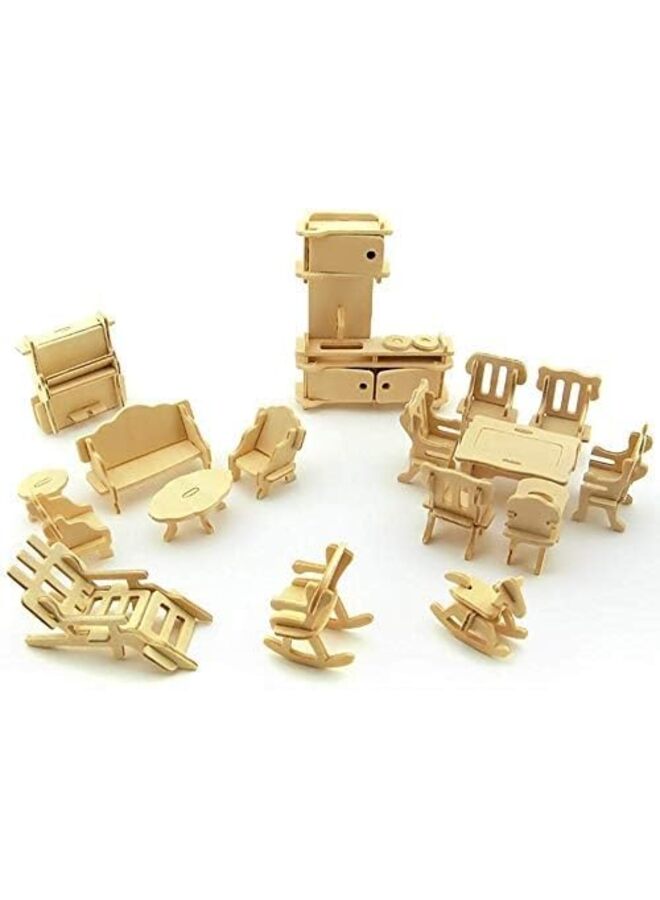 34PCS 3D Wooden Dollhouse Furniture Puzzle, DIY Room Mini Furniture Sets, Puzzle Gift for Boys and Girls, Mini House Accessories, Build Your Own Construction Toy, Modeling Kit (A) - Image 3