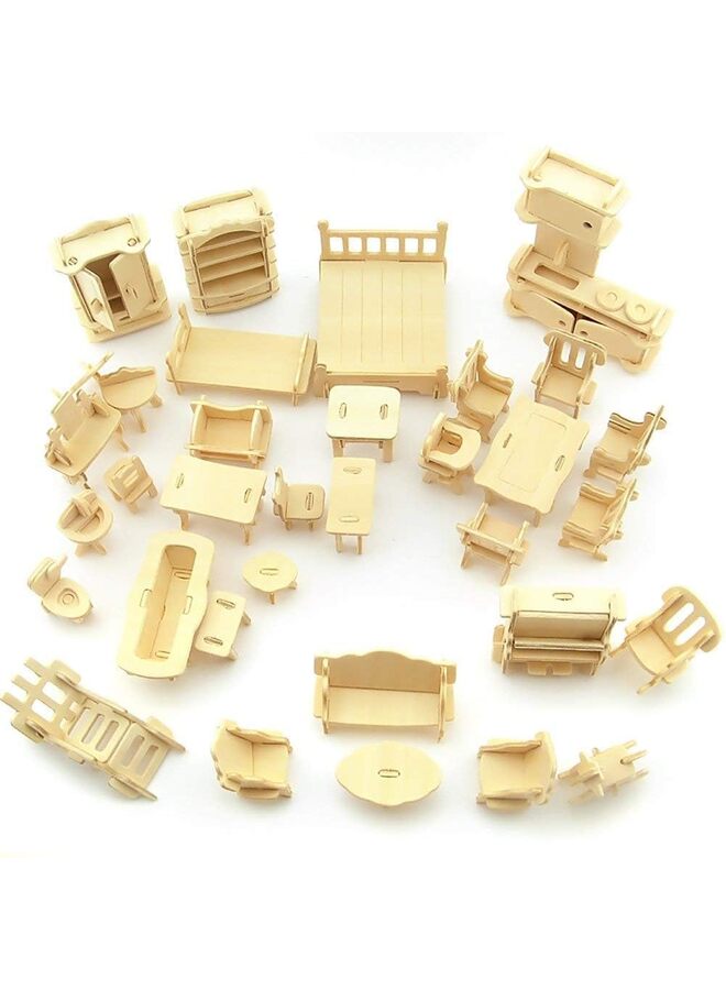 34PCS 3D Wooden Dollhouse Furniture Puzzle, DIY Room Mini Furniture Sets, Puzzle Gift for Boys and Girls, Mini House Accessories, Build Your Own Construction Toy, Modeling Kit (A) - Image 2