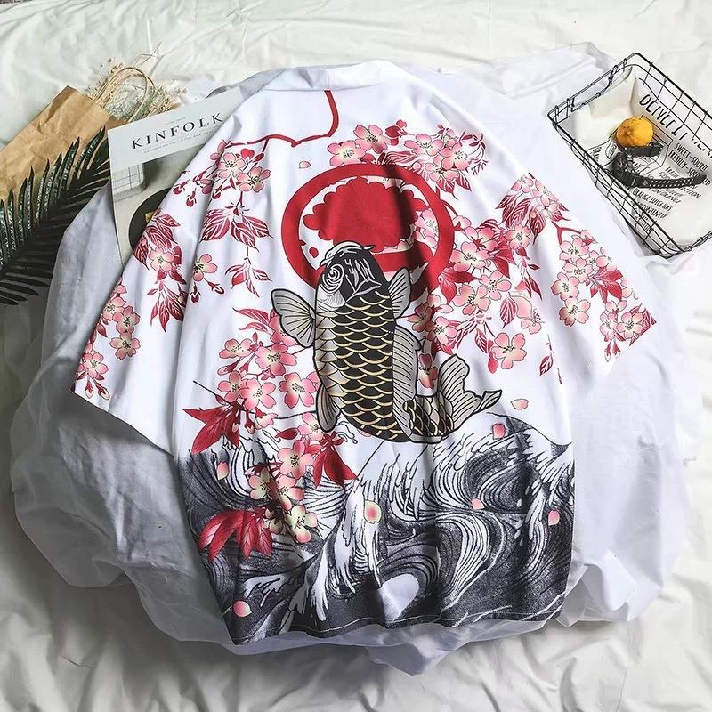 Summer Retro Crane Kimono Cardigan Red and white koi