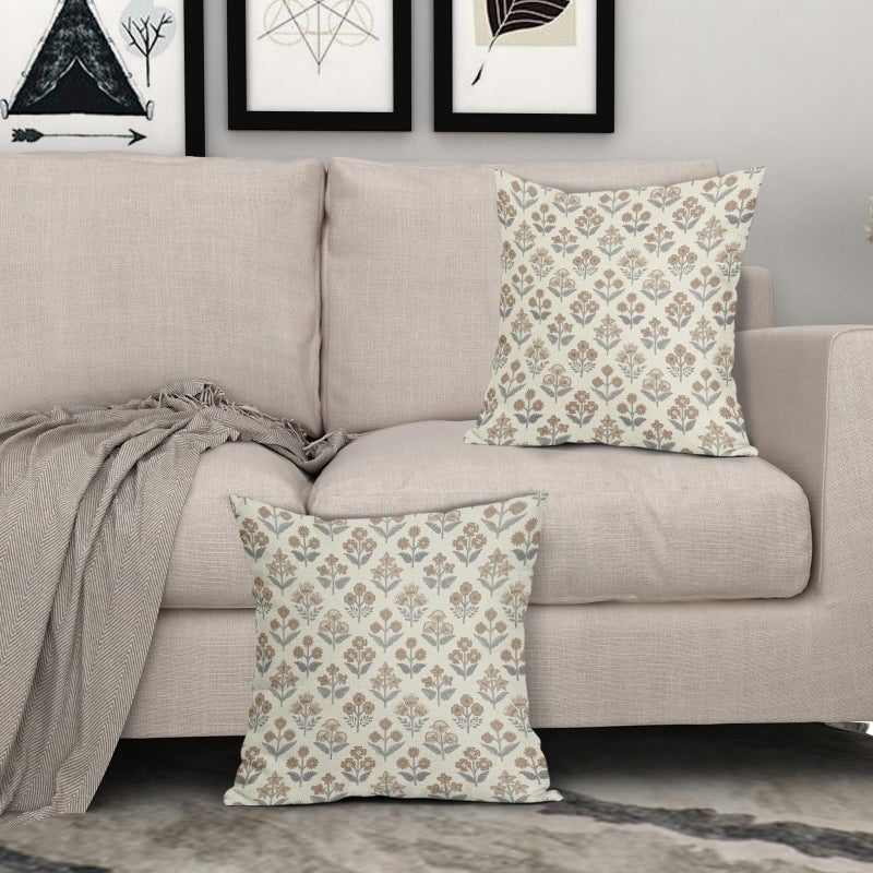 Sivirary Brown Grey Gray Floral Block Print Pillow Covers 20x20 Inch Set of 2, Vintage Flower Pattern Decorative Throw Pillowcases Outdoor Farmhouse Cushion Covers Spring Summer Rustic Sofa Couch Bed Decor - Image 3
