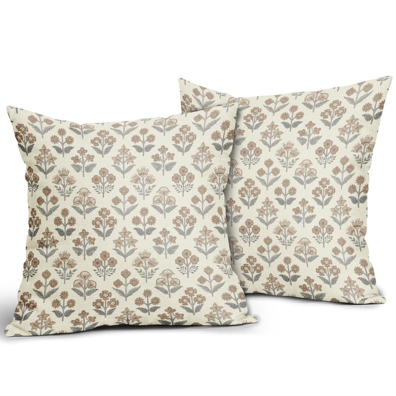 Sivirary Brown Grey Gray Floral Block Print Pillow Covers 20x20 Inch Set of 2, Vintage Flower Pattern Decorative Throw Pillowcases Outdoor Farmhouse Cushion Covers Spring Summer Rustic Sofa Couch Bed Decor - Image 2