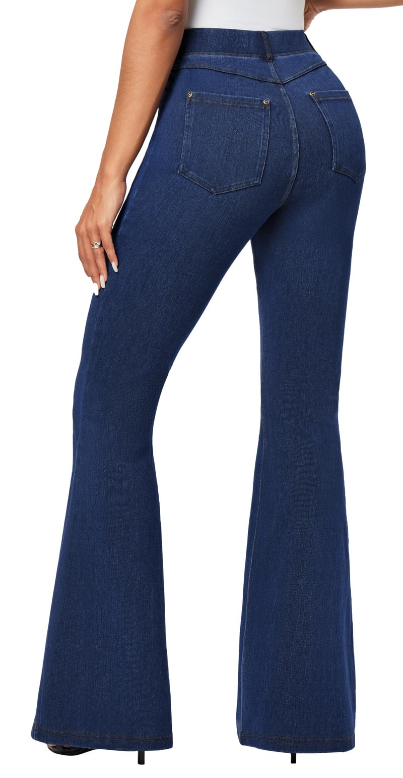IUGA Bell Bottom Jeans for Women High Waisted Stretchy Pull On Sweatpant Jeans Women Flare Leggings Tummy Control Flare Pants Dark Blue - Image 2