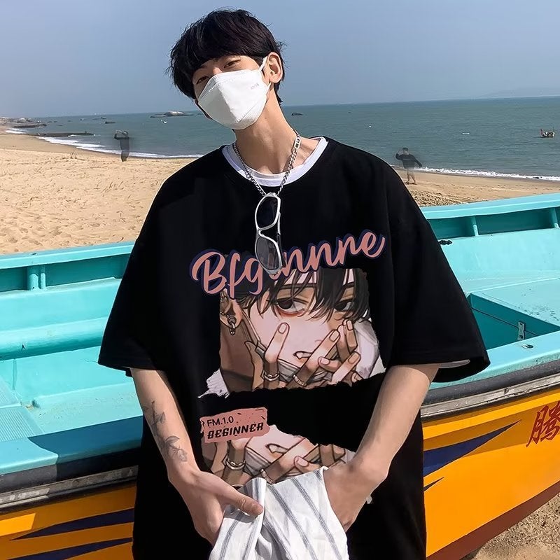 Japanese Anime T-Shirt Men'S Summer Fashion Brand Trendy American Hiphop Three-Quarter Sleeve Clothes Plus Size Fog High Street Short Sleeve - Image 1
