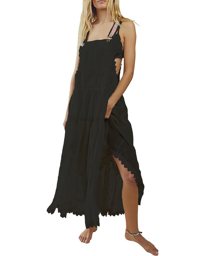ebossy Women's Laced Embroidered Tulle Bib Dress Casual Loose Adjustable Straps Maxi Dress (S, Black) - Image 1